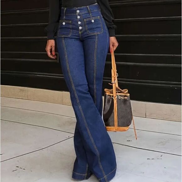 High Waist Patchwork Bell Bottom Jeans Multi Button Fly Stretchy Wide Leg - Picture 2 of 7